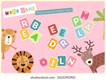 Animals activities for kids. Read the hidden words – bear, deer, palm, lion. Logic games for children. Vector illustration. Flash card.