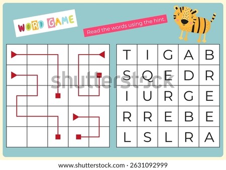 Animals activities for kids. Read the hidden words using the key – tiger, badger, squirrel, bear. Logic games for children. Vector illustration. Flash card.