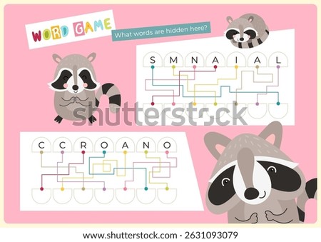 Animals activities for kids. Read the hidden words using the key – animals, raccoon. Logic games for children. Vector illustration. Flash card.