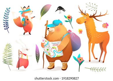 Animals adventure for kids collection of illustrated forest scout characters hiking. Bear, fox, deer or elk and rabbit cute cartoons for children isolated on white. Vector in watercolor style.