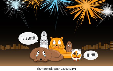 Animals afraid of loud bangs and whistles. Fireworks make stress during  yearend celebrations. Dog, bunny, cat, squirrel and cavy sitting in stress. City light and fireworks on background. Vector. 