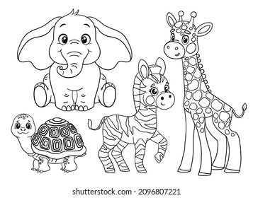 Animals of Africa. Baby Elephant, Giraffe, Zebra, Turtle. Coloring book.