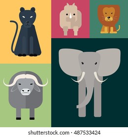 Animals of Africa. Big Five . Vector illustration of a flat on a colored background
