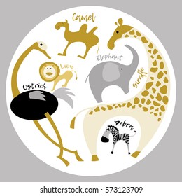 Animals of Africa. Collection set. Giraffe, camel, elephant, lion, ostrich, zebra.