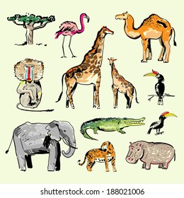 Animals of Africa. Doodles vector set. Isolated 