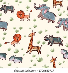 Animals of Africa. Elephant, hippo, lion, rhino. Seamless pattern. Image imitating a cute, children's drawing. Naive art. Design for textiles, paper. Vector graphics. Isolated image, cartoon, flat.