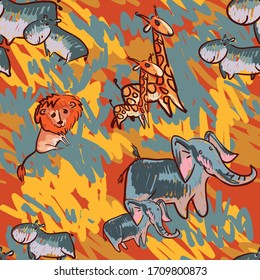 Animals of Africa. Elephant, hippo, lion, rhino. Seamless pattern. Image imitating a cute, children's drawing. Naive art. Design for textiles, paper. Vector graphics. Isolated image, cartoon, flat.