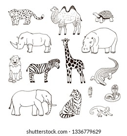 Animals of Africa illustrations hand drawn line set