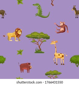 Animals Africa lion giraffe monkey crocodile boar seamless pattern. Vector illustration cartoon style