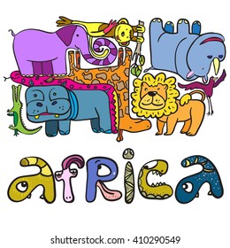 Animals of Africa. Vector page, background, image.  Lion, elephant, snake, monkey, hippo, rhino, bird, giraffe. Happy and children.