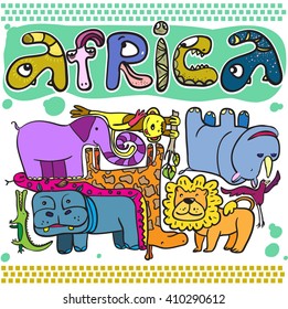 Animals of Africa. Vector page, background, image.  Lion, elephant, snake, monkey, hippo, rhino, bird, giraffe. Happy and children.