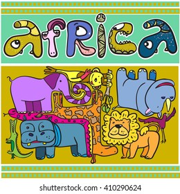 Animals of Africa. Vector page, background, image.  Lion, elephant, snake, monkey, hippo, rhino, bird, giraffe. Happy and children.