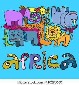Animals of Africa. Vector page, background, image.  Lion, elephant, snake, monkey, hippo, rhino, bird, giraffe. Happy and children.