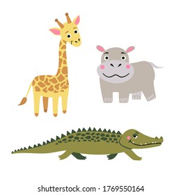 Animals of Africa. Vector set of cartoon jungle animals: crocodile, hippo, giraffe. Vector cute illustration