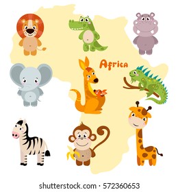 Animals of Africa. Vector set of cartoon jungle animals: lion, crocodile, hippo, elephant, kangaroo, iguana, zebra, monkey, giraffe. Vector illustration