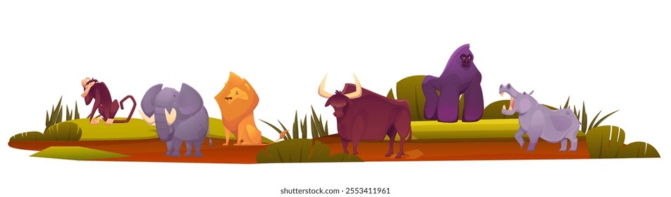 Animals Africa Zoo. Cartoon character savanna panorama. Elephant, baboon, gorilla, bison, lion, hippo. Wild African jungle childish style. Vector desert, funny fauna comic flat isolated illustration