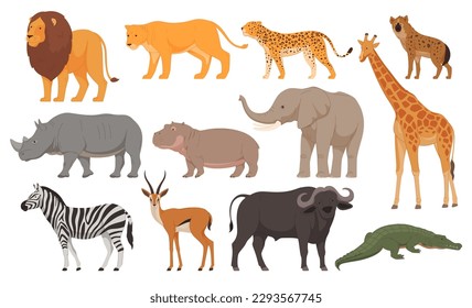 Animales del continente africano en forma de caricatura. Carnívoros y herbívoros de la zona caliente. Ilustración del vector