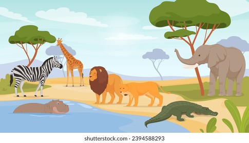 Animales del continente africano haciendo agujeros de agua sobre el fondo de la naturaleza en un estilo de caricatura. Carnívoros y herbívoros de la zona caliente. Ilustración del vector