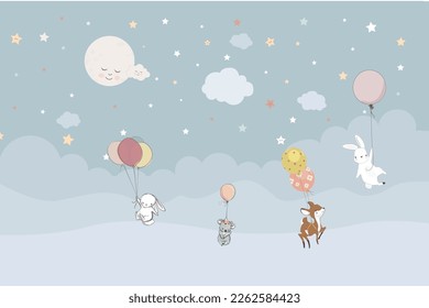 Animals Air Balloon With Clouds and Moon Cute 