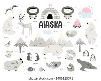 Animals of Alaska and Eskimos. Large vector set of elements, isolates, objects. Scandi style.
