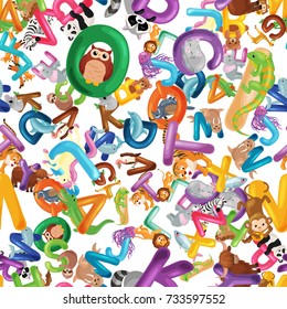 Animals alphabet background, Set of cartoon English type letters with cute zoo wildlife in seamless patterns vector illustration. Textures for blocks or children fabric