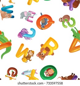 Animals alphabet background, Set of cartoon English type letters with cute zoo wildlife in seamless patterns vector illustration. Textures for blocks or children fabric