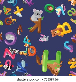 Animals alphabet background, Set of cartoon English type letters with cute zoo wildlife in seamless patterns vector illustration. Textures for blocks or children fabric
