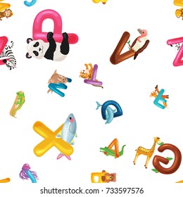 Animals alphabet background, Set of cartoon English type letters with cute zoo wildlife in seamless patterns vector illustration. Textures for blocks or children fabric