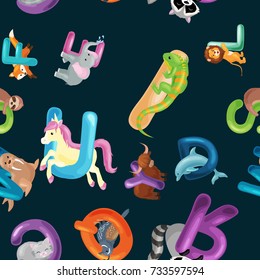 Animals alphabet background, Set of cartoon English type letters with cute zoo wildlife in seamless patterns vector illustration. Textures for blocks or children fabric