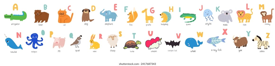 Tiere Alphabet für Kinder. Geräumige und lustige Charaktere. Flaches Design. Handgezeichnete Vektorgrafik auf weißem Hintergrund.