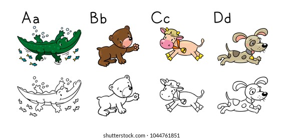 Animals Alphabet Coloring Book. Letters A B C D