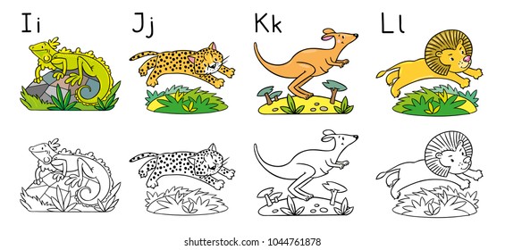 Animals alphabet coloring book. Letters I J K L