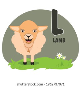 Animals alphabet. Cute lamb and daisy on green grass with cannon flax smoke backround. Vector illustration for teaching children a foreign language and animals.