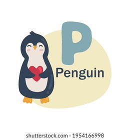 Animals alphabet. Cute penguin isolated on white background. Vector illustration for teaching children learning a foreign language.