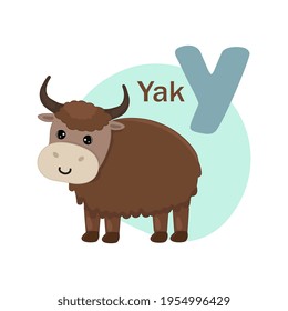 Animals alphabet. Cute yak isolated on white background. Vector illustration for teaching children learning a foreign language. Letter y