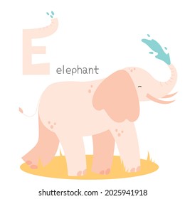 Animals Alphabet. E For Elephant. Flat Vector Illustration On White Background. Funny Cartoon Animal. Kids Abc Education. Learning English Vocabulary. Zoo Alphabet Flash Card