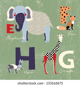 Animals alphabet. E, f, g, h letters. Elephant, fox, giraffe, hare.