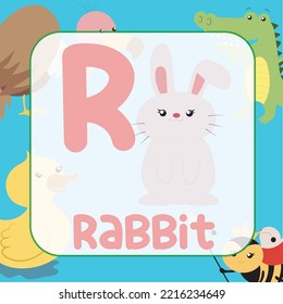 Animals alphabet flashcard for toddlers. Learning card introducing letters to children through game card. Cute animal vector design. R for Rabbit 