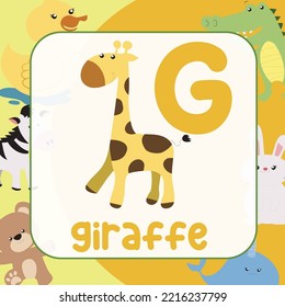 Animals alphabet flashcard for toddlers. Learning card introducing letters to children through game card. Cute animal vector design. G for Giraffe