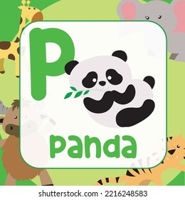 Animals alphabet flashcard for toddlers. Learning card introducing letters to children through game card. Cute animal vector design. P for Panda