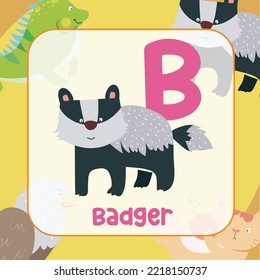 Animals alphabet flashcard for toddlers. Learning card introducing letters to children through game card. Cute animal vector design. 
