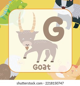 Animals alphabet flashcard for toddlers. Learning card introducing letters to children through game card. Cute animal vector design. 