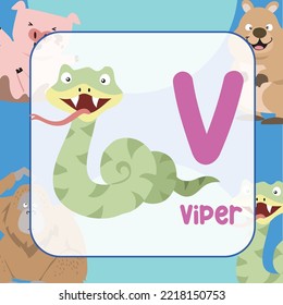 Animals alphabet flashcard for toddlers. Learning card introducing letters to children through game card. Cute animal vector design. 