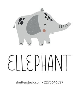 Tarjeta de alfabeto animal para niños pequeños. Tarjeta de aprendizaje que introduce cartas a los niños a través de la tarjeta de juego. Diseño de vectores animales. E para elefante