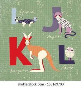 Animals alphabet. I, j, k, l letters. Iguana, jaguar, kangaroo, lamb.