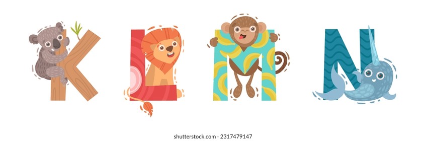 Animals Alphabet for Kids with Capital Letters and Funny Mammal Vector Set