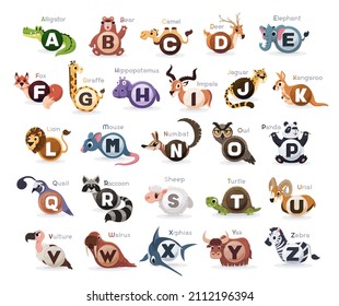Animals Alphabet for kids. Cute animal vector.