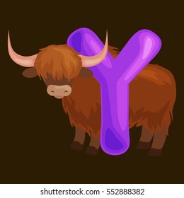 animals alphabet for kids fish letter Y, cartoon fun abc education in preschool, cute children zoo collection learning english language, yak vector illustration