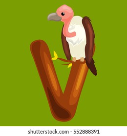 animals alphabet for kids fish letter V, cartoon fun abc education in preschool, cute children zoo collection learning english language, vulture vector illustration