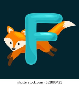 animals alphabet for kids fish letter F, cartoon fun abc education in preschool, cute children zoo collection learning english language, fox vector illustration